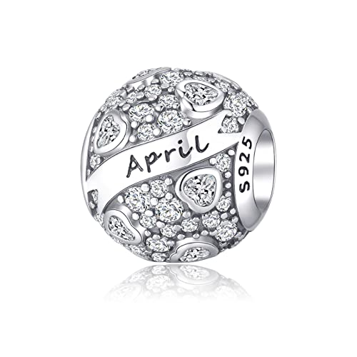 Tedit Birthstone Charms 925 Sterling Silver April Bead for Charm Bracelets and Necklaces with 5A Cubic Zirconia Birthday Mothers Day Jewelry Gifts