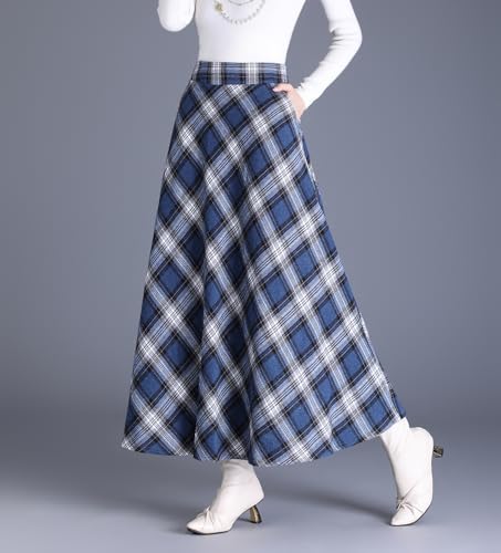 Women's Vintage High Waist Plaid Wool Skirt A-line Elegant Long Skirt Fall/Winter Midi Skirt3