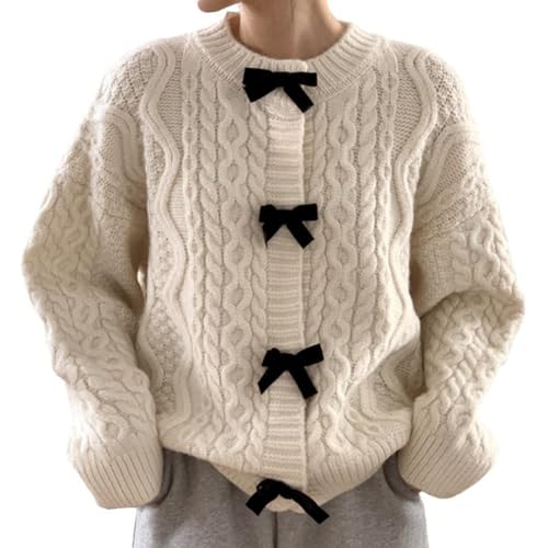Womens Bow Knot Cardigan Sweater Long Sleeve Crew Neck Cable Knit Cardigan Coats Y2K Open Front Pullover Tops