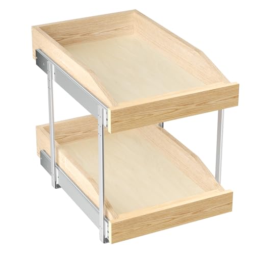 LOVMOR 2 Tier Soft Close Pull Slide Out Cabinet Organizer 1312"W x 21" D,Wooden Cabinet Drawer Organizer with U Bracket,Slide Out Pantry Shelves with Full Extension Rail Slides for Kitchen Cabinet