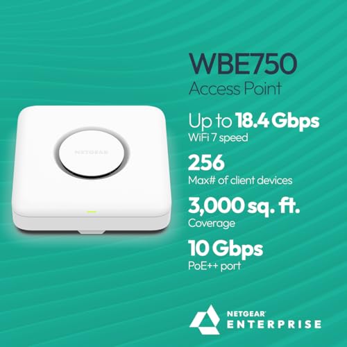 Image of NETGEAR Tri-Band PoE 10 G Insight Manageable WiFi 7 Access Point (WBE750) - 18.4 Gbps Speed (AX18400) - Covers up to 3,000 sq. ft., 256 Client Devices - WPA3 - Power Adapter not Included