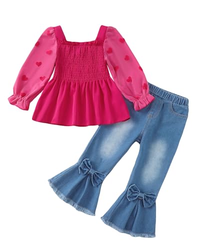 Image of Kucnuzki Toddler Kids Girl Clothes Long Sleeve Shirt Tops Baggy Jeans Cute Pants Set Baby Girl Outfit 2 Piece Clothing