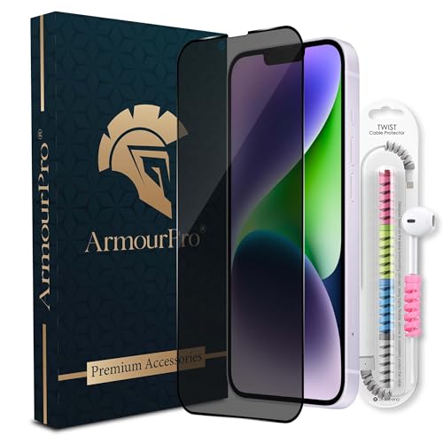 Image of ArmourPro Privacy Tempered Glass for iPhone 14 Plus, iPhone 13 Pro Max, Anti Spy Anti Peeping Screen Protector, Edge-to-Edge Full Coverage, 9H Hardness with Cable Protector | Black