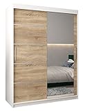 ABIKSMEBLE Verona 2 150 Armario 2 Puertas Correderas para Dormitorio - Armario Moderno con Espejo, Barra y Estantes - 150x200x62 cm (Ancho x Alto x Fondo) - Bianco Mate + Sonoma