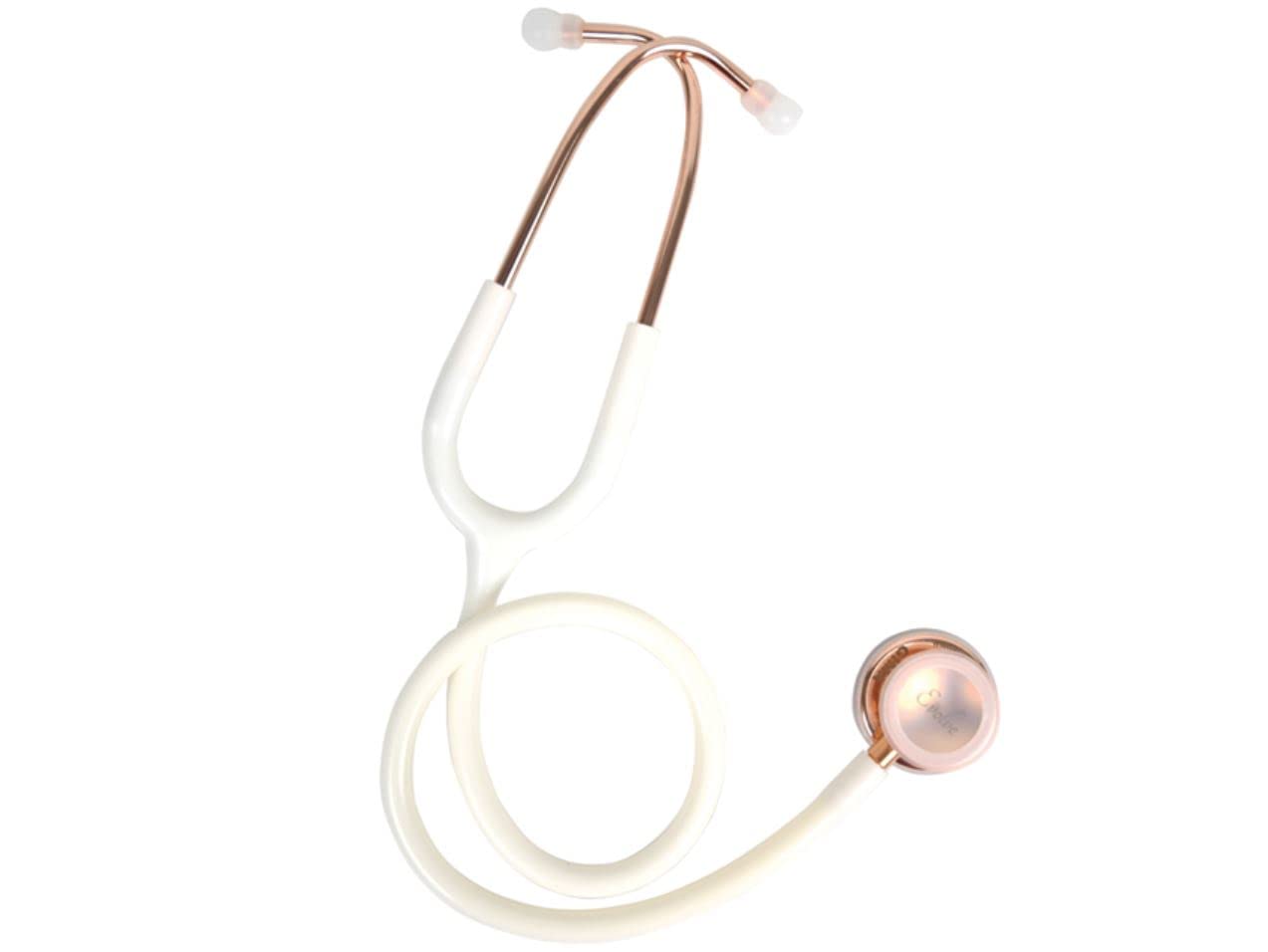 GIMA Evolve Stetoscopio Duofono, Doppia Testa Oro Rosa Ø 48 e 36 mm, Bianco, Anello Trasparente, Archetto Oro Rosa, Lunghezza 75 cm, Etichetta Nome, Kit di Ricambi di Olive e Membrane