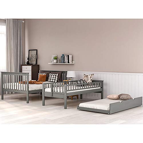 Twin Over Full Bunk Beds with Trundle, Rockjame Wood Space Saving Design Stairway Bunk Bed Frame with Storage, Convertible to 2 Separated Beds, Great for Kids and Teenagers (Gray) - Thumbnail 4