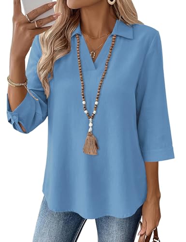 LOMON Tunic Tops for Women Loose Fit Dressy 3/4 Sleeve Linen Shirts for Women Collared Women's T-Shirts Flowy Womens Spring Outfits Blue L