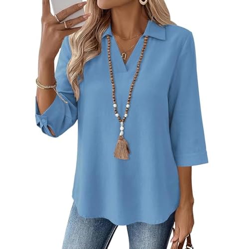 LOMON Womens 3/4 Sleeve Tops V Neck Cotton Linen Work Blouse Polo Shirts for Women Business Casual 2026 Blue XX-Large