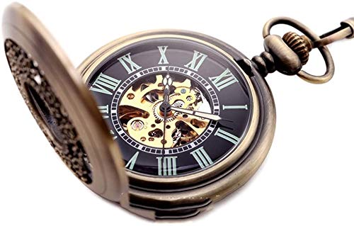 Youook Mechanical Pocket Watch, For Men Women Special Magnifier Half Hunter Double Open Engraved Case Roman Numerals With Chain #TOP1