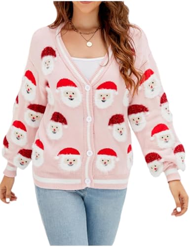 Wyeysyt Ugly Christmas Sweater Women Christmas Cardigans Sweater Open Front Button Down Long Sleeve Knit Xmas Sweater(Pink-M)