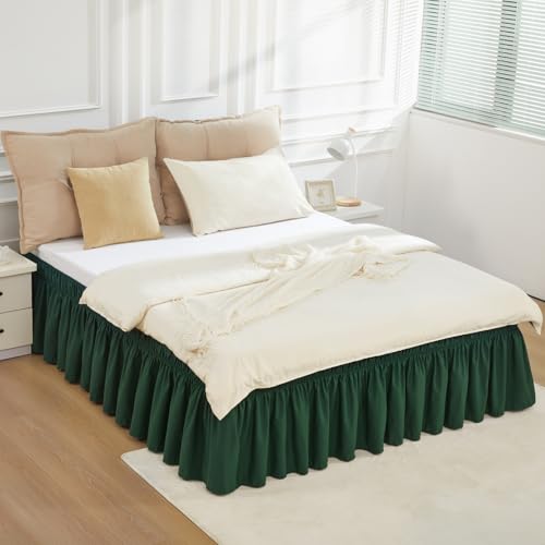 Dark Green Bed Skirt King Size 15" Drop, Elastic Wrap Around Bedskirt