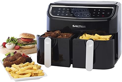 Salter EK4548 Dual Air Fryer,Double Drawer Non-Stick Cooking, Sync & Match Cook Function,2 XL Frying Trays For Independent Cooking, 8.2L,Sensor Touch Display With 12 Presets,1450-1750W,Black/Silver