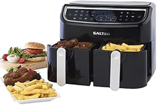 Salter EK4548 Dual Air Fryer,Double Drawer Non-Stick Cooking, Sync & Match Cook Function,2 XL Frying Trays For Independent Cooking, 8.2L,Sensor Touch Display With 12 Presets,1450-1750W,Black/Silver