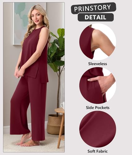 Image of PrinStory Womens Pajamas Sets 2 Piece Soft Pjs for Women Sleeveless Pajama Set Summer Loungewear with Pockets