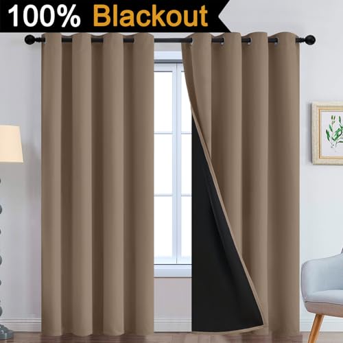 Image of Yakamok Khaki Blackout Curtains 96 Inches Long for Bedroom 52 inch Wide 2 Panel | Blackout Curtain Panels for Bedroom, 2 Thick Layers Grommet Top Thermal Insulated Drapes with Black Liner for Living Room