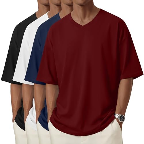 August Alley 4 Pack Men's V Neck T Shirts Oversized Short Sleeve Tops Casual Basic Loose Fit Tees Summer Drop Shoulder Shirts(Black, White, Navy Blue, Wine Red,X-Large)