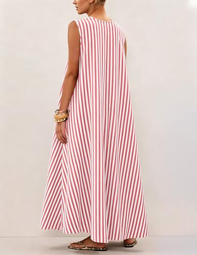 Image of Women Flowy Maxi Dress Ruched Sleeveless Long Dress Vacation Fashion Summer Casual Loose Fit Sundress with Pockets