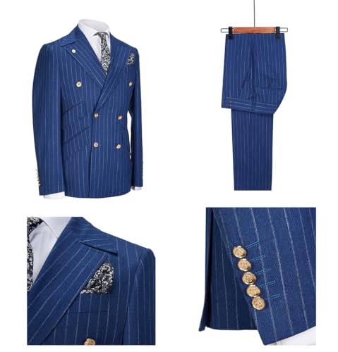 Mens Suits Slim Fit Pinstripe 2 Piece Tuxedo Suit Set Double Breasted Wedding Party Business Blazer Pants2