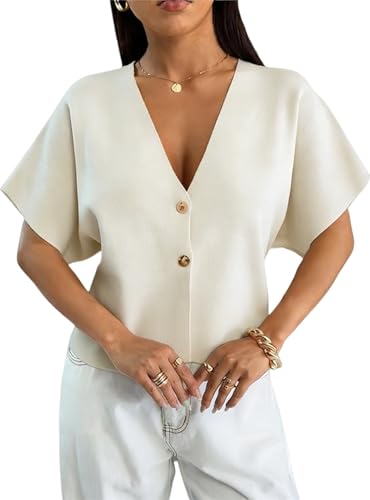 Suéter de verano dorado elegante con botones y acabados de punto fino