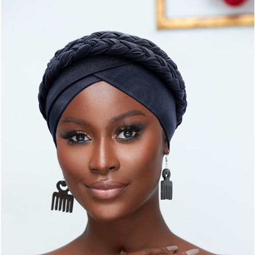 Image of DRESHOW African Women Turban Caps Beanie Twist Headscarf Pre-Tied Double Twisted Braid Hair Cover Wrap Hat Chemo Cancer Cap