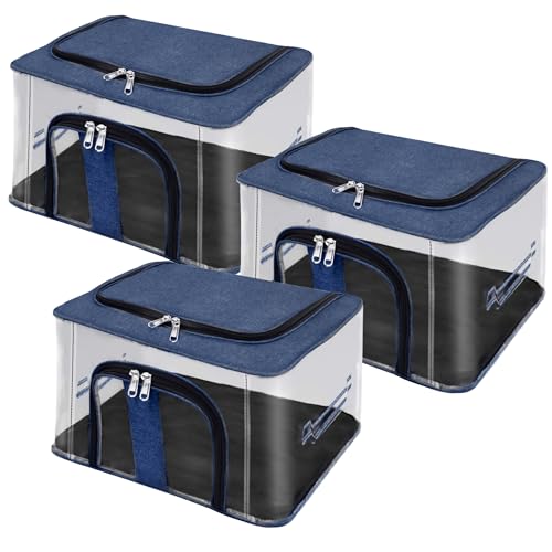 Image of Storite Nylon 3 Pack 33 L PVC Transparent Moisture Proof Storage box for Clothes Closet Wardrobe Organizer for Clothes Saree Bags with Carry Handle (DarkBlue, 44L x 31W x 24H cm)