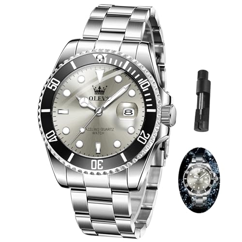 OLEVS Silver Luxury Men's Wrist Watches Analog with Day Date Grey Large Face Original Waterproof Stainless Steel Watches for Men Dress Quartz Watch