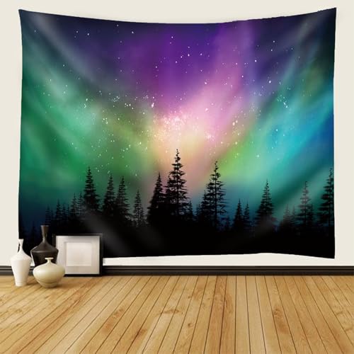 Tapiz para colgar en la pared decorativo de 150 x 150 cm con diseño de paisaje de bosque y estrellas 2
