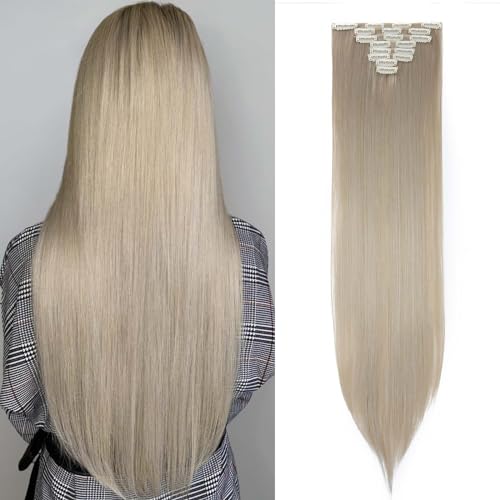 SEGOHAIR Hair Extensions Clip in 8Pcs 18 Clips Synthetic Fiber Seamless Clip in Hair Extensions, 26" Long Straight Clip in Hair Extensions Full Head - Ash Blonde mix Silver Gray
