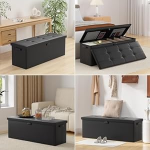 Engpow storage ottomanfireproof folding storage bench with lock15x 43x15waterproof leather storage bench chest with handles2 extra storage boxesstorage safe for living roombedroomblack  urban country home decor