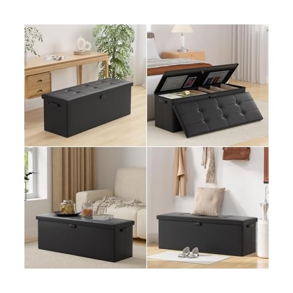 Engpow storage ottomanfireproof folding storage bench with lock15x 43x15waterproof leather storage bench chest with handles2 extra storage boxesstorage safe for living roombedroomblack  urban country home decor