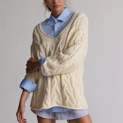 Womens Oversized Off The Shoulder Sweaters Chunky Knit Wide V-Neck Tops Casual Slouchy Pullover Fall Outfits4