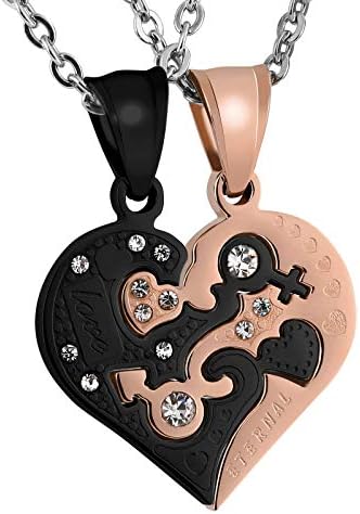 Matching Necklaces for Couples, Heart Puzzle Couples Necklace with CZ Engraved ETERNAL