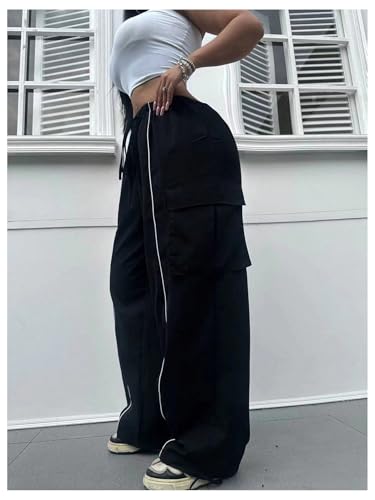 GORGLITTER Women's Plus Size Flap Pocket Cargo Pants Drawstring High Waisted Baggy Parachute Pants4