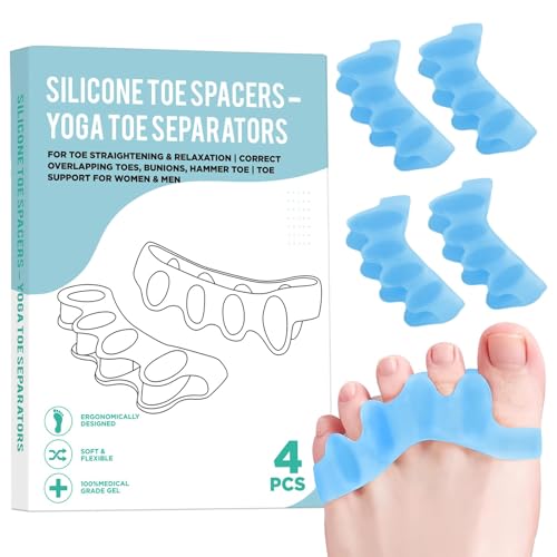 Image of 4 Pcs Silicone Toe Spacers - Yoga Toe Separators for Toe Straightening & Relaxation | Correct Overlapping Toes, Bunions, Hammer Toe | Toe Support toe separators for Women & Men (Blue, 3.98)