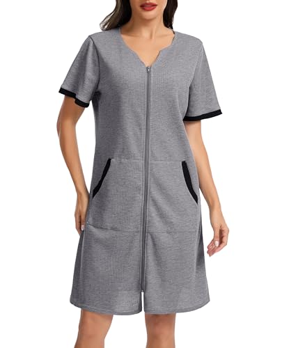 Lovasy Bata Mujer Verano Albornoz Nido Abeja Waffle Batas Ligero y Transpirable con Cremallera Y Bolsillos,Gris,L