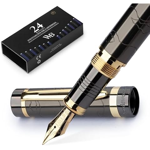 Wordsworth & Black Primori Fountain Pen Set [Gunmetal Gold]; Extra Fine Nib, Gift Case, 24 Ink Cartridges, Refill Converter, Manual; Journaling, Calligraphy, Smooth Writing Pens; Left and Right Handed Cover