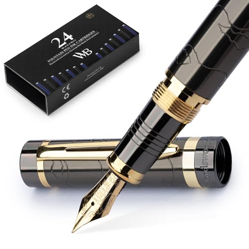 Image of Wordsworth & Black Primori Fountain Pen Set for Writing, Extra Fine Nib | Gunmetal Gold, Gift for Men Women, Metal Body, 18K German Iridium, Calligraphy, Converter + 24 Ink Cartridges, Refillable