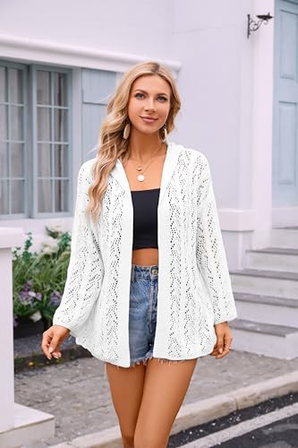 Image of Women's Lightweight Crochet Cardigan Sweaters Long Sleeve Open Front Knit Summer Boho Hooded Beach Cover up