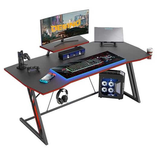 DESINO Gaming Desk 47 inch PC Computer Desk, Home Office Desk Gaming Table Z Shaped Gamer Workstation with Cup Holder and Headphone Hook, Black