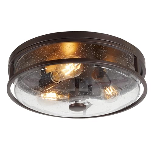 16 Inch Large Flush Mount Ceiling Light Fixture with Seeded Glass, Bronze Round Ceiling Lamp Shade, Modern Farmhouse Indoor Outdoor Ceiling Lighting for Kitchen Dining Living Room Foyer
