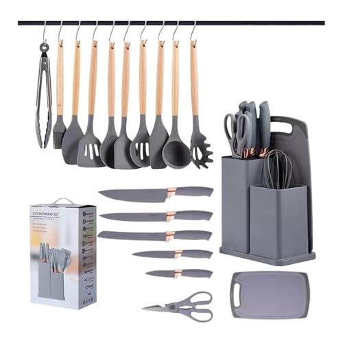 Juego de Utensilios 19pz | Espátulas Con Cuchillos Y Tabla | Kit 19 Piezas de Cocina | Set de Instrumentos de Silicona | Mango de Madera Resistentes...