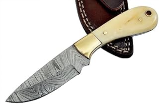 Beautiful Custom Handmade Damascus Steel 6" Hunting Skinning Mini Knife, outdoor knife, Camel Bone and Brass Bloster Handle. Full Tang Knife, Gift For Husband, - Generic