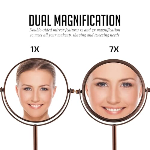 Image of OVENTE 6'' Tabletop Vanity Makeup Mirror, Antique Bronze MNLT60ABZ1X7X | Double Sided Round Magnifying Table Mirror with 1X /7X Magnification, 360 Rotation, Perfect for Dresser Bedroom Office Travel