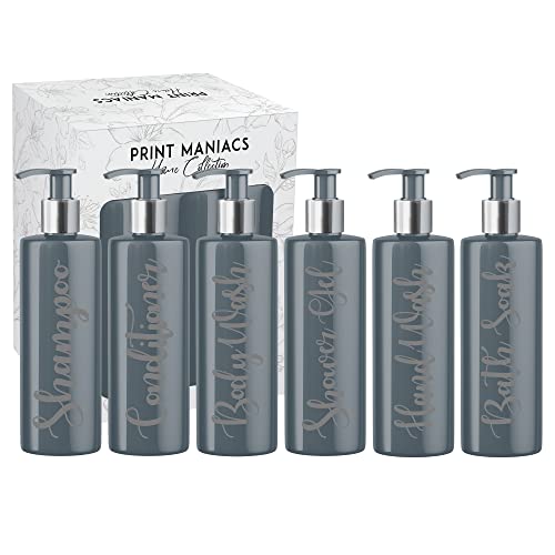 Print Maniacs Grey Mrs Hinch Inspired Personalised 500ml Pump Bottles Bathroom Lotion Kitchen Set Shampoo Conditioner Body Wash (Set 6) (Grey)
