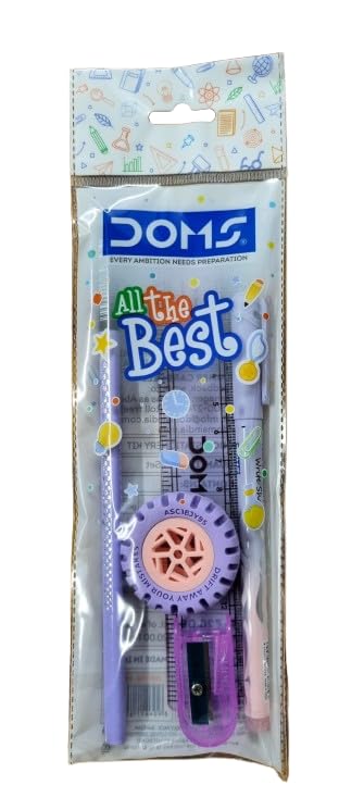 Doms All The Best Stationery Kit| Includes 1 Each- Inxify Plus Ballpen Blue Ink, 15 Cm. Scale, Triangle Pencil, Long Point Sharpener & Tyre Eraser| Exam Essential Kit For Children| Pack of 10 - Image 4 thumbnail