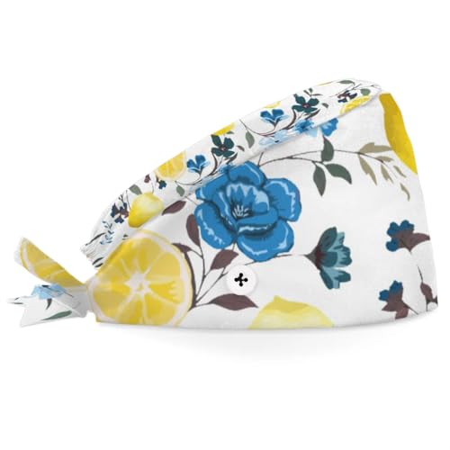 Mularoka Watercolor Lemon Flowers Working Caps with Button Sweatband Comfortable Adjustable Bouffant Hats Work Hat for Women Men