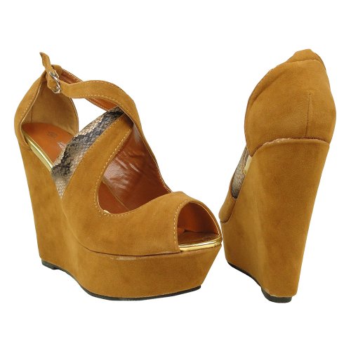 DS By KSC Womens Peep Toe Platform Strappy Snake Wedges Sandals Faux Suede Camel Size 10
