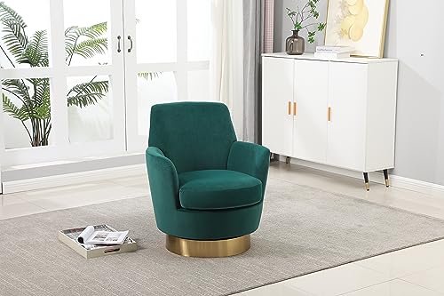 YHUBHSIS Velvet Swivel Barrel Chair,Mid Century Modern Accent Chair,Upholstered Single Armchair,Wooden Frame Big Round Chair with Gold Base for Living Room,Bedroom,Office,Waiting Room (Emerald)