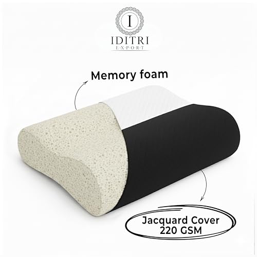 Image of Contour Neck Support Pillow, Memory Foam Cervical, 220 GSM Jacquard, 48 x 30 cm, Black & White, Ergonomic Orthopedic Sleeping Bedding, Breathable Foam Cushion for Back and Side Sleepers