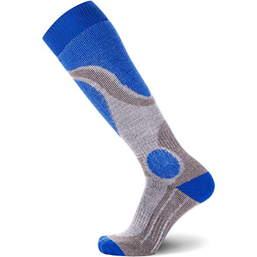 Pure Athlete Elite Wool Ski Socks - Lightweight Merino Wool Thermal Warm Skiing and Snowboarding Sock, for Men and Women (Large, 1 Pair - Blue)